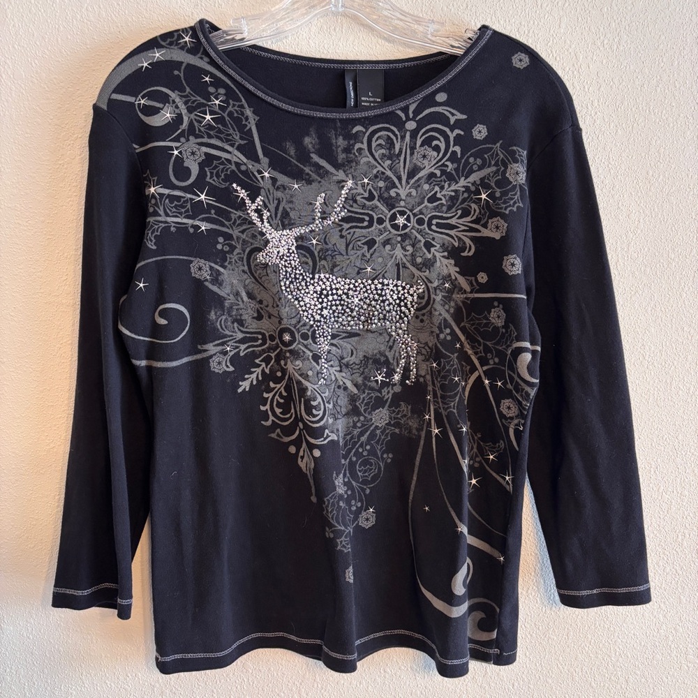 New Directions Women’s Black Long Sleeve Top with Graphic Design SZ L